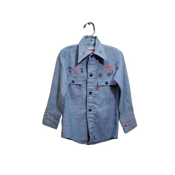 1970s Levis Orange Tab Shirt Boy's 5 Chambray Embroidered Vintage Plane Animals - Picture 2 of 10